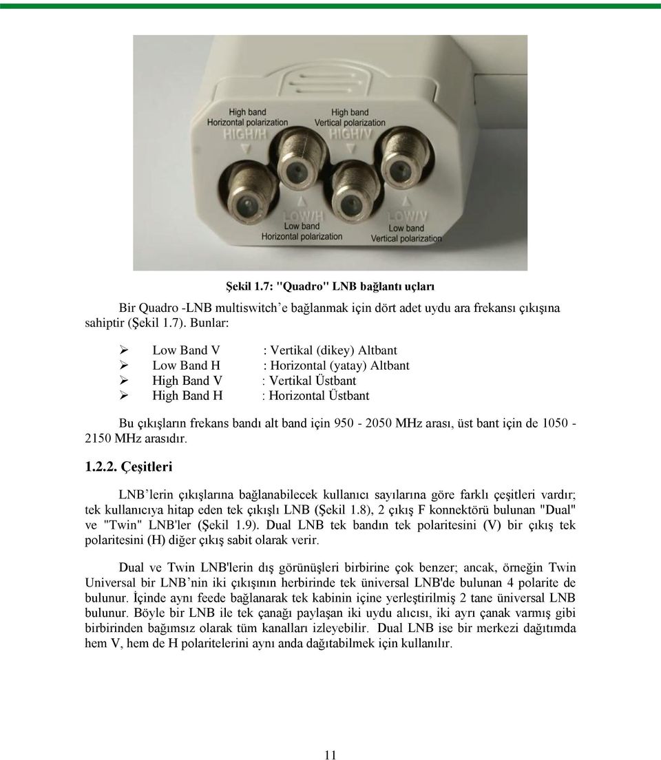 950-2050 MHz arası, üst bant için de 1050-2150 MHz arasıdır. 1.2.2. Çeşitleri LNB lerin çıkışlarına bağlanabilecek kullanıcı sayılarına göre farklı çeşitleri vardır; tek kullanıcıya hitap eden tek çıkışlı LNB (Şekil 1.