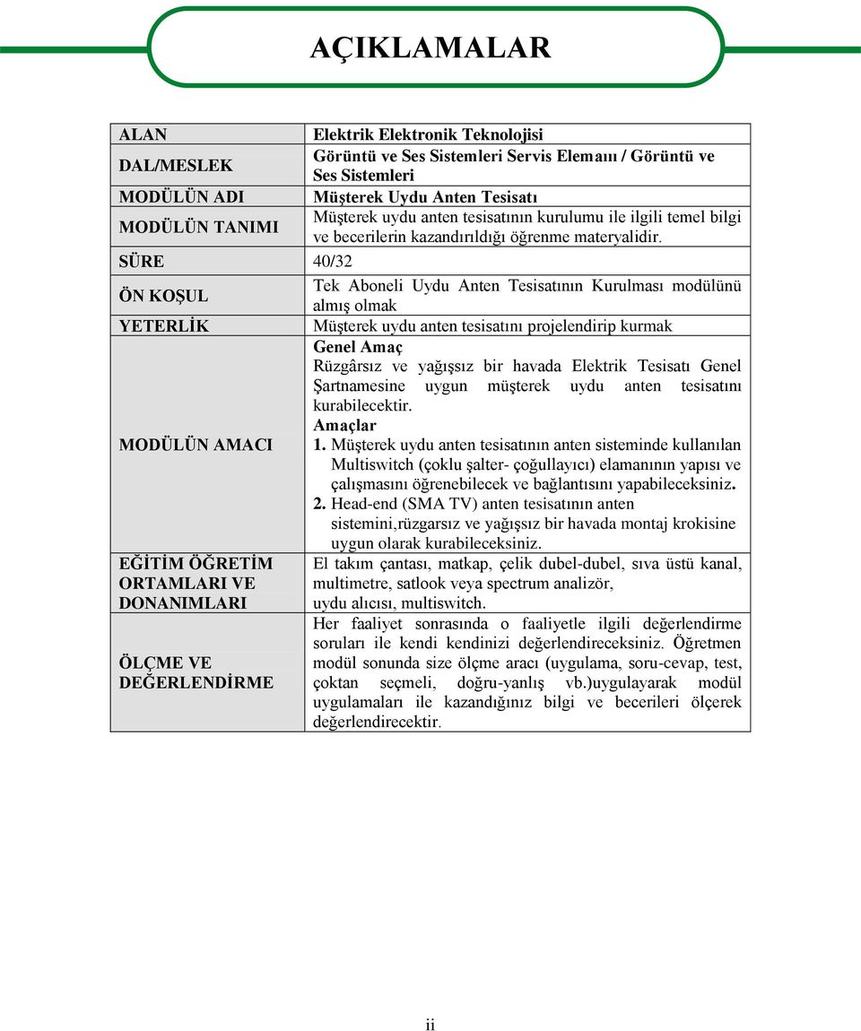 SÜRE 40/32 ÖN KOŞUL Tek Aboneli Uydu Anten Tesisatının Kurulması modülünü almış olmak YETERLİK Müşterek uydu anten tesisatını projelendirip kurmak Genel Amaç Rüzgârsız ve yağışsız bir havada Elektrik