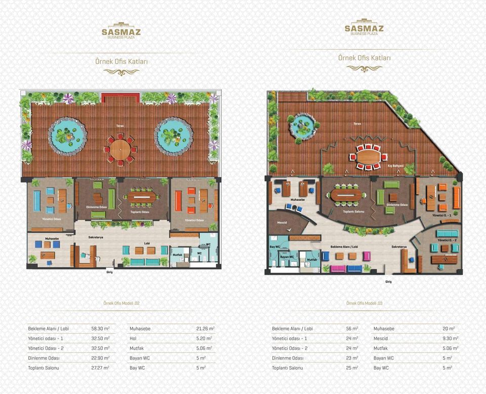 03 Bekleme Alanı / Lobi 58.30 m2 Muhasebe 21.26 m2 Bekleme Alanı / Lobi 56 m2 Muhasebe 20 m2 Yönetici odası - 1 32.50 m2 Hol 5.20 m2 Yönetici odası - 1 24 m2 Mescid 9.