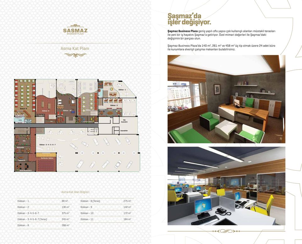 Şaşmaz Business Plaza da 140 m2, 261 m2 ve 458 m2 üç tip olmak üzere 24 adet büro ile kurumlara elverişli çalışma mekanları bulabilirsiniz.