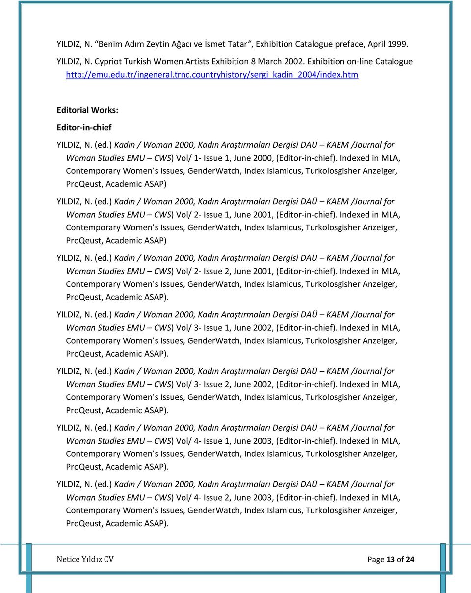 ) Kadın / Woman 2000, Kadın Araştırmaları Dergisi DAÜ KAEM /Journal for Woman Studies EMU CWS) Vol/ 1- Issue 1, June 2000, (Editor-in-chief).