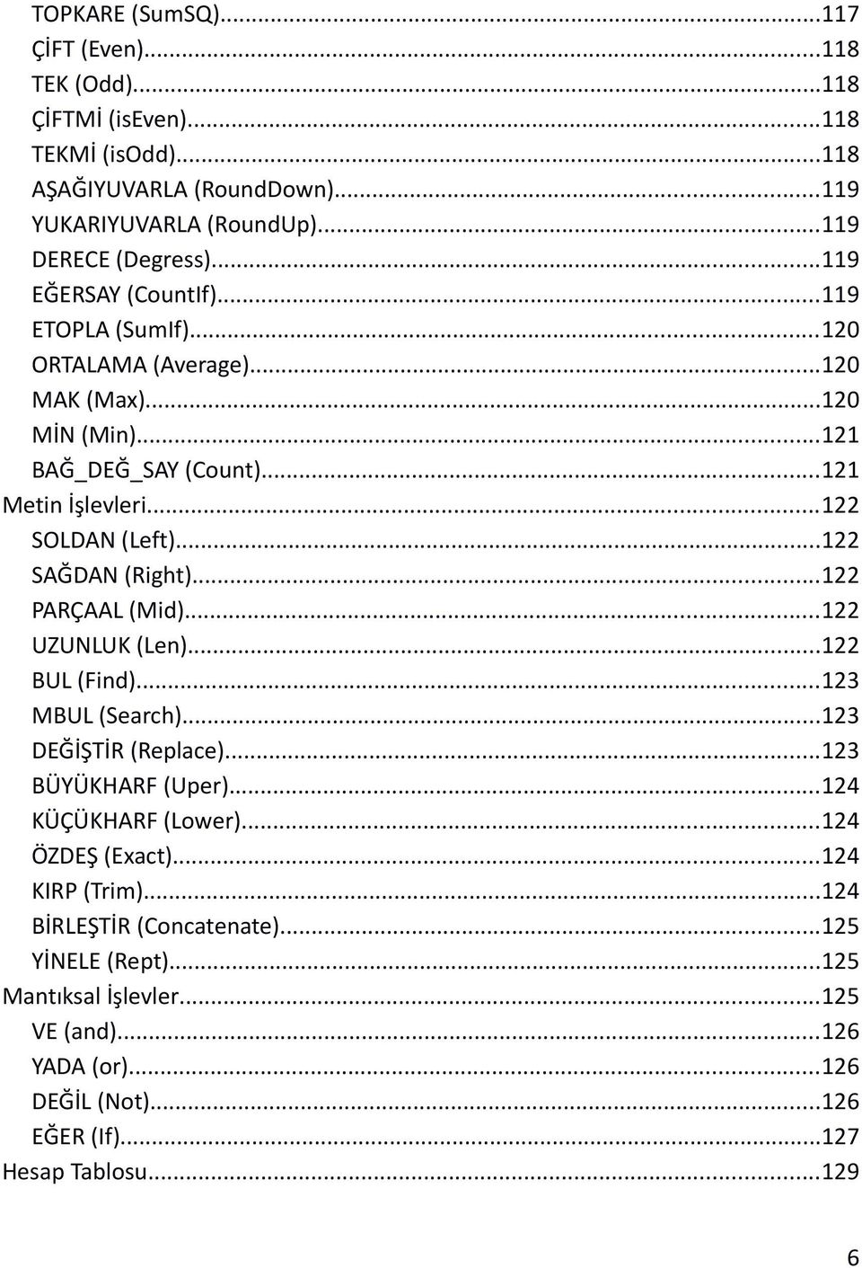 ..122 SAĞDAN (Right)...122 PARÇAAL (Mid)...122 UZUNLUK (Len)...122 BUL (Find)...123 MBUL (Search)...123 DEĞİŞTİR (Replace)...123 BÜYÜKHARF (Uper)...124 KÜÇÜKHARF (Lower).