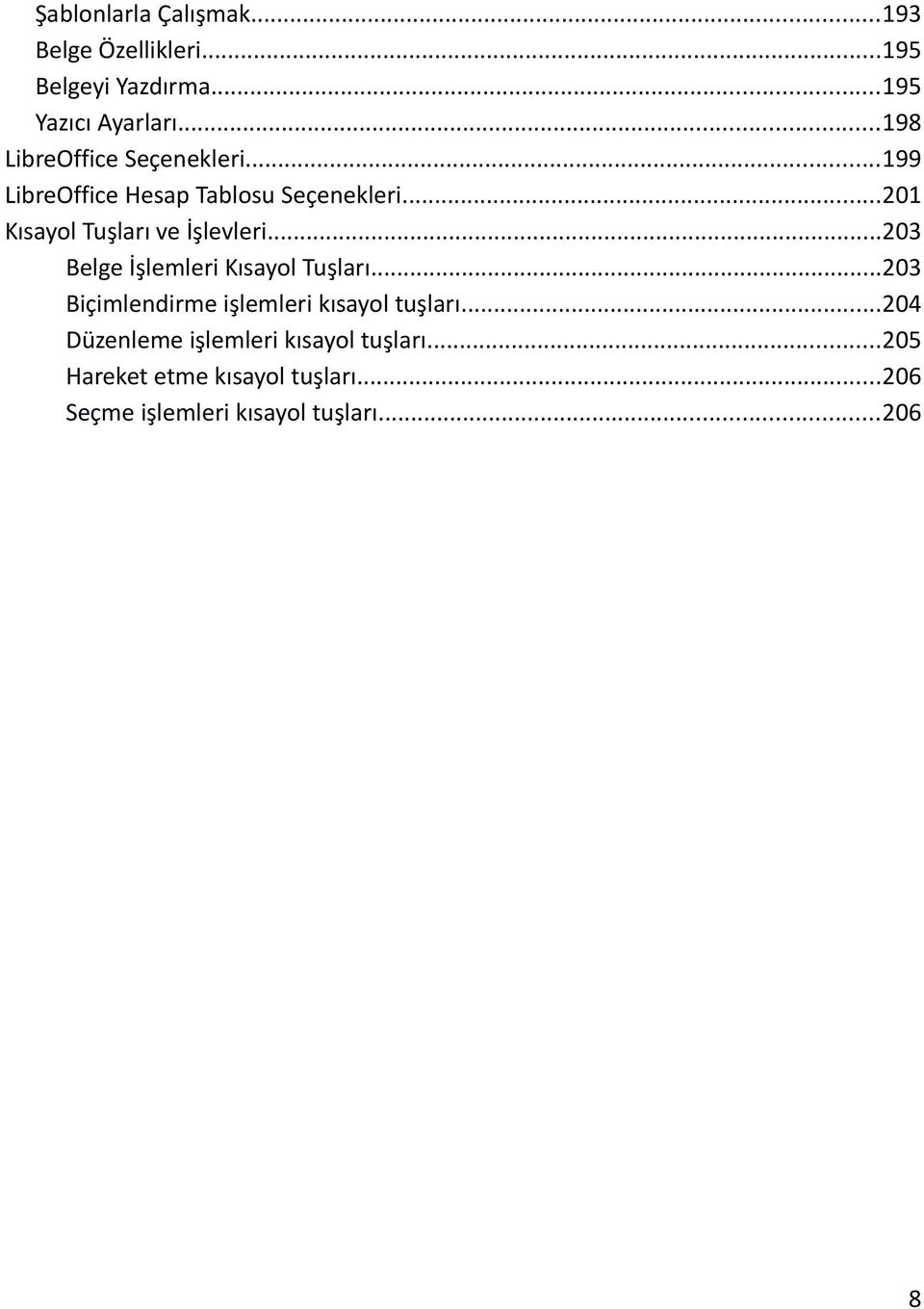 ..201 Kısayol Tuşları ve İşlevleri...203 Belge İşlemleri Kısayol Tuşları.