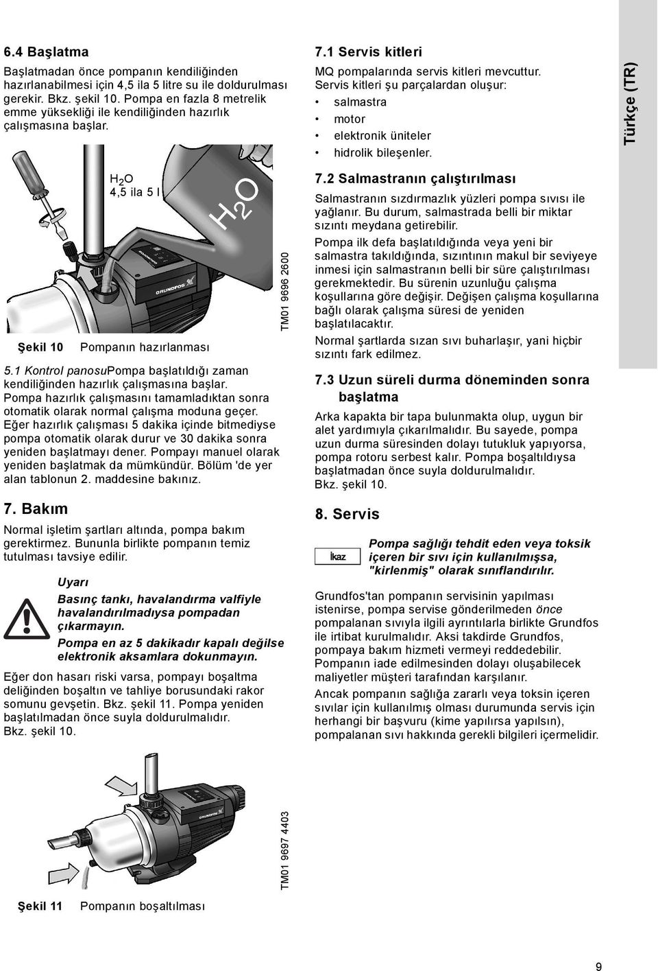 Servis kitleri şu parçalardan oluşur: salmastra motor elektronik üniteler hidrolik bileşenler. Türkçe (TR) Şekil 10 Pompanın hazırlanması 5.