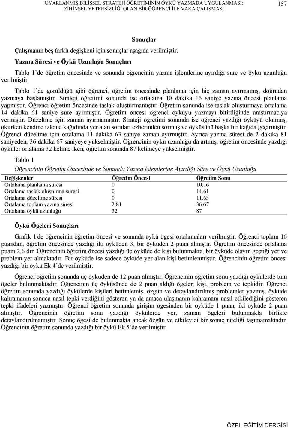 Tablo 1 de görüldüğü gibi öğrenci, öğretim öncesinde planlama için hiç zaman ayırmamış, doğrudan yazmaya başlamıştır.