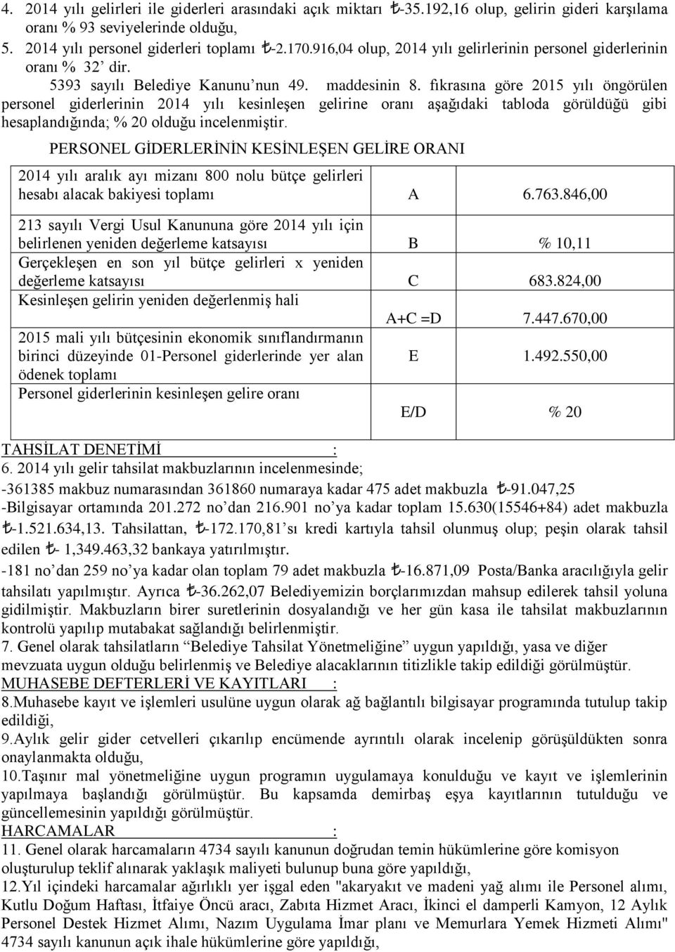 fıkrasına göre 2015 yılı öngörülen personel giderlerinin 2014 yılı kesinleşen gelirine oranı aşağıdaki tabloda görüldüğü gibi hesaplandığında; % 20 olduğu incelenmiştir.