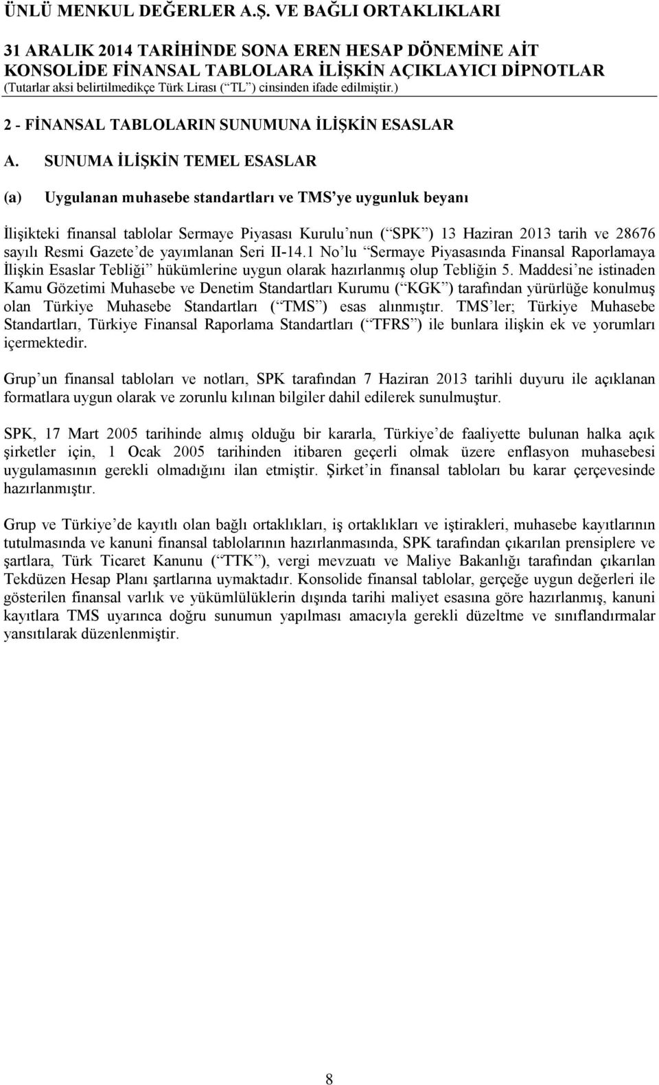 Gazete de yayımlanan Seri II-14.1 No lu Sermaye Piyasasında Finansal Raporlamaya İlişkin Esaslar Tebliği hükümlerine uygun olarak hazırlanmış olup Tebliğin 5.