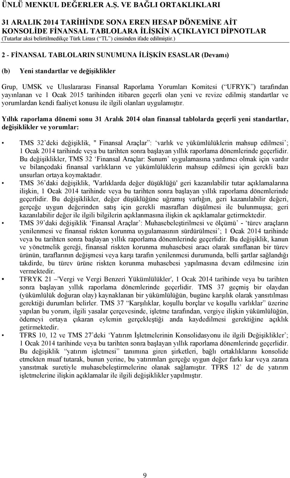 Yıllık raporlama dönemi sonu 31 Aralık 2014 olan finansal tablolarda geçerli yeni standartlar, değişiklikler ve yorumlar: TMS 32 deki değişiklik, '' Finansal Araçlar : varlık ve yükümlülüklerin