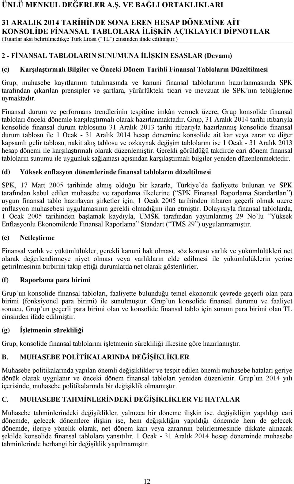 Finansal durum ve performans trendlerinin tespitine imkân vermek üzere, Grup konsolide finansal tabloları önceki dönemle karşılaştırmalı olarak hazırlanmaktadır.