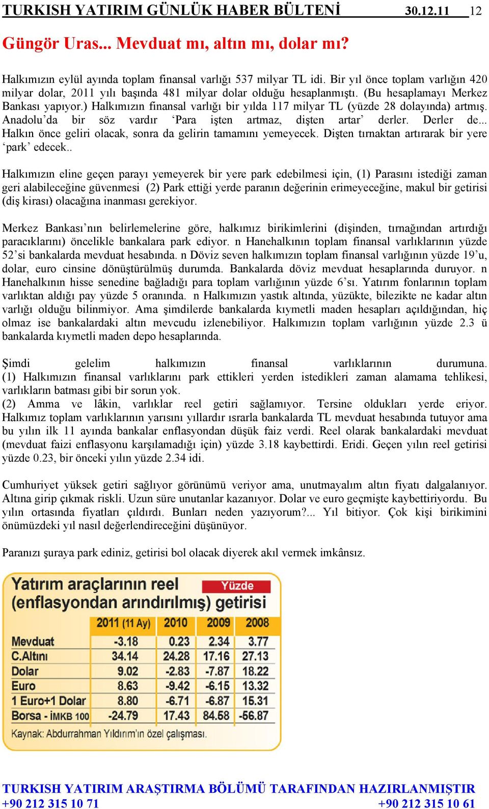 ) Halkımızın finansal varlığı bir yılda 117 milyar TL (yüzde 28 dolayında) artmış. Anadolu da bir söz vardır Para işten artmaz, dişten artar derler. Derler de.