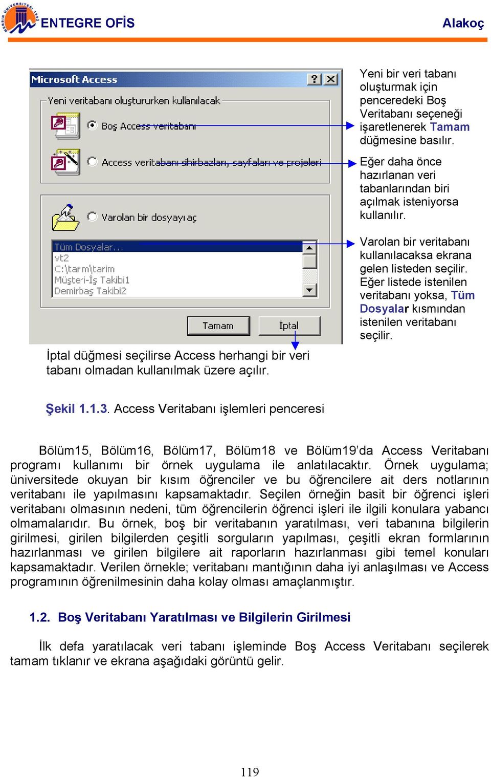 Eğer listede istenilen veritabanı yoksa, Tüm Dosyalar kısmından istenilen veritabanı seçilir. Şekil 1.1.3.