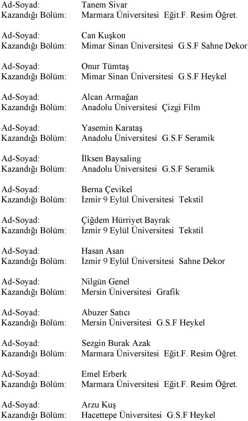 İzmir 9 Eylül Üniversitesi Sahne Dekor Nilgün Genel Mersin Üniversitesi Grafik Abuzer Satıcı Mersin Üniversitesi G.S.F Heykel Sezgin Burak Azak Marmara Üniversitesi Eğit.