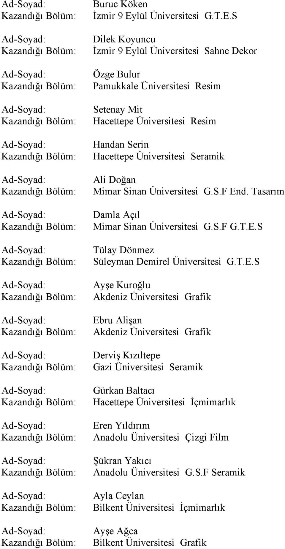 S Dilek Koyuncu İzmir 9 Eylül Üniversitesi Sahne Dekor Özge Bulur Pamukkale Üniversitesi Resim Setenay Mit Hacettepe Üniversitesi Resim Handan Serin Hacettepe Üniversitesi