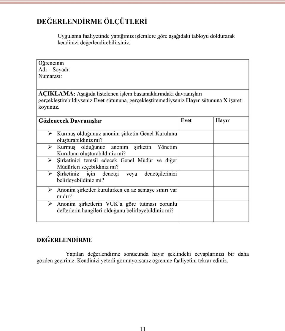 Gözlenecek Davranışlar Evet Hayır Kurmuş olduğunuz anonim şirketin Genel Kurulunu oluşturabildiniz mi? Kurmuş olduğunuz anonim şirketin Yönetim Kurulunu oluşturabildiniz mi?