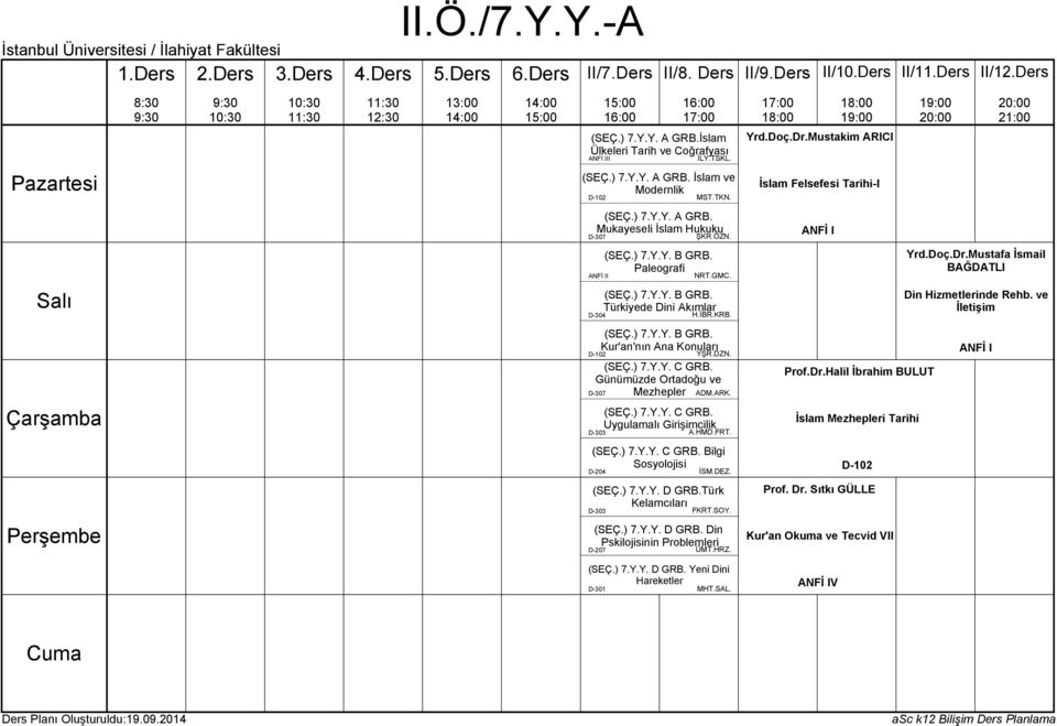 HMD.FRT. (SEÇ.) 7.Y.Y. C GRB. Bilgi Sosyolojisi D-204 (SEÇ.) 7.Y.Y. D GRB.Türk Kelamcıları FKRT.SOY. (SEÇ.) 7.Y.Y. D GRB. Din Pskilojisinin Problemleri ÜMT.HRZ. (SEÇ.) 7.Y.Y. D GRB. Yeni Dini Hareketler MHT.