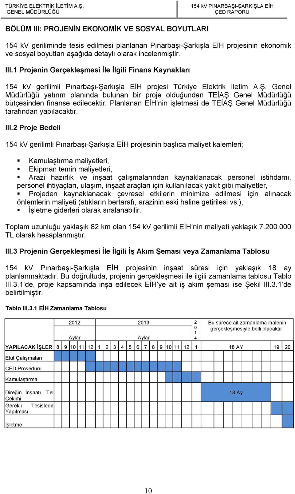 III.2 Proje Bedeli 154 kv gerilimli Pınarbaşı-Şarkışla EİH projesinin başlıca maliyet kalemleri; Kamulaştırma maliyetleri, Ekipman temin maliyetleri, Arazi hazırlık ve inşaat çalışmalarından