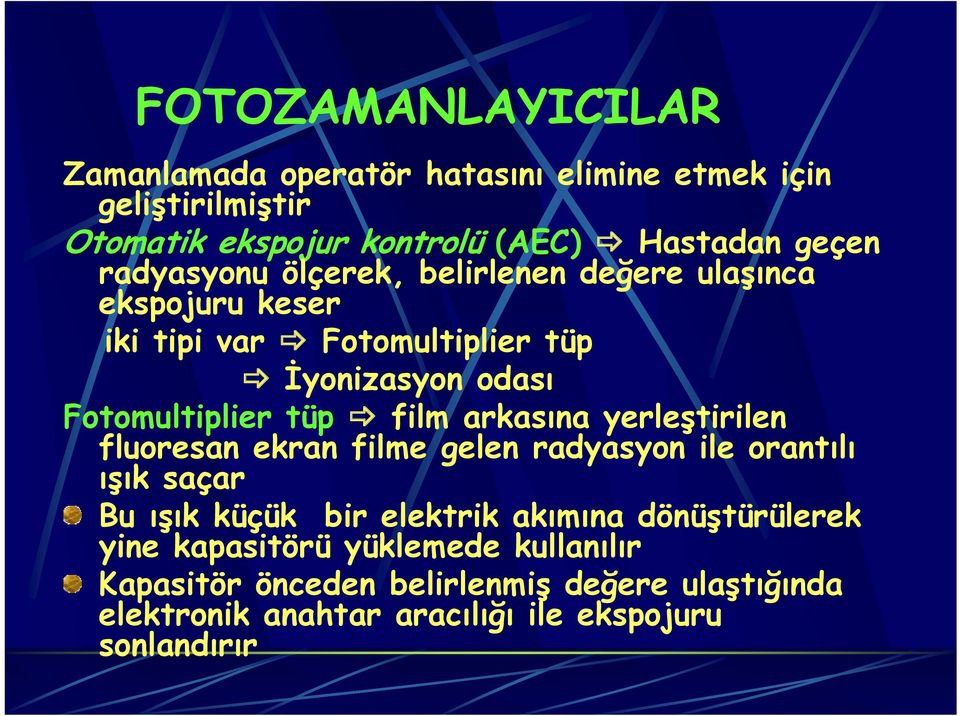 arkasına yerleştirilen fluoresan ekran filme gelen radyasyon ile orantılı ışık saçar Bu ışık küçük bir elektrik akımına dönüştürülerek