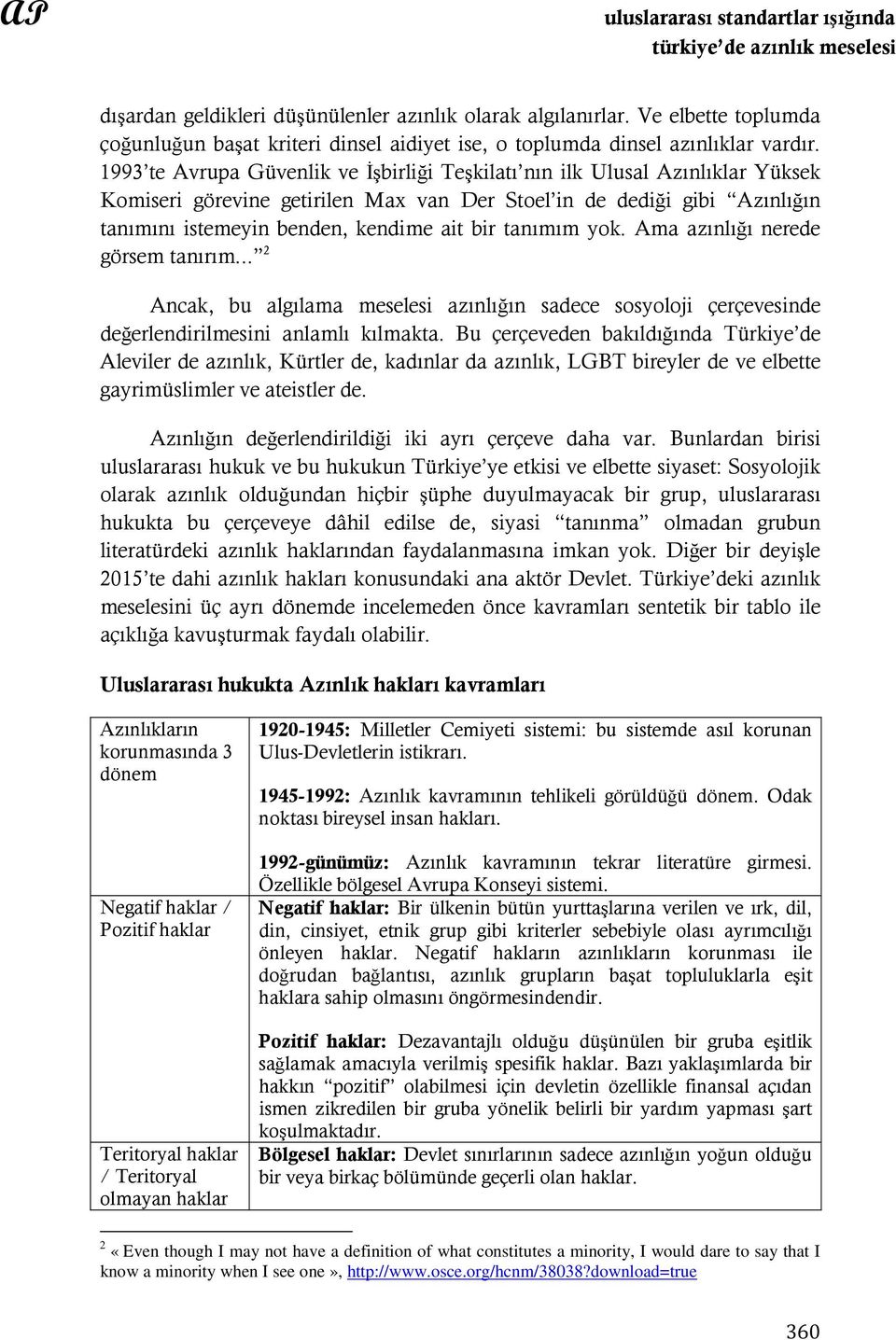 1993 te Avrupa Güvenlik ve İşbirliği Teşkilatı nın ilk Ulusal Azınlıklar Yüksek Komiseri görevine getirilen Max van Der Stoel in de dediği gibi Azınlığın tanımını istemeyin benden, kendime ait bir