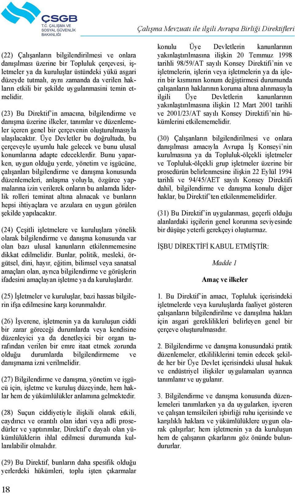 (23) Bu Direktif in amacına, bilgilendirme ve danışma üzerine ilkeler, tanımlar ve düzenlemeler içeren genel bir çerçevenin oluşturulmasıyla ulaşılacaktır.