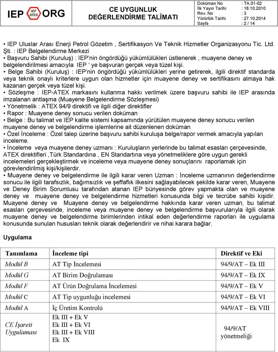 Belge Sahibi (Kuruluş) : IEP nin öngördüğü yükümlülükleri yerine getirerek, ilgili direktif standarda veya teknik onaylı kriterlere uygun olan hizmetler için muayene deney ve sertifikasını almaya hak