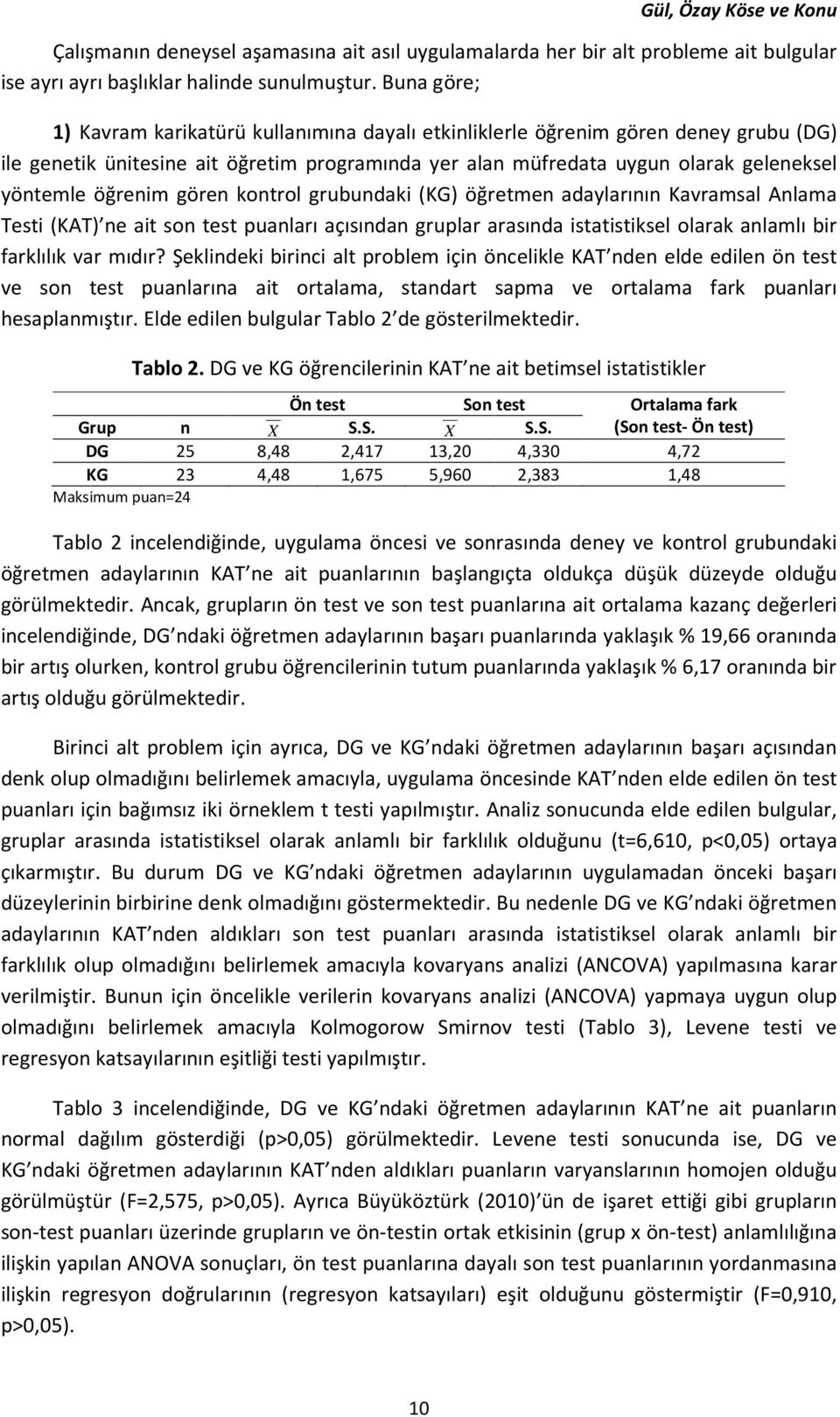 öğrenim gören kontrol grubundaki (KG) öğretmen adaylarının Kavramsal Anlama Testi (KAT) ne ait son test puanları açısından gruplar arasında istatistiksel olarak anlamlı bir farklılık var mıdır?