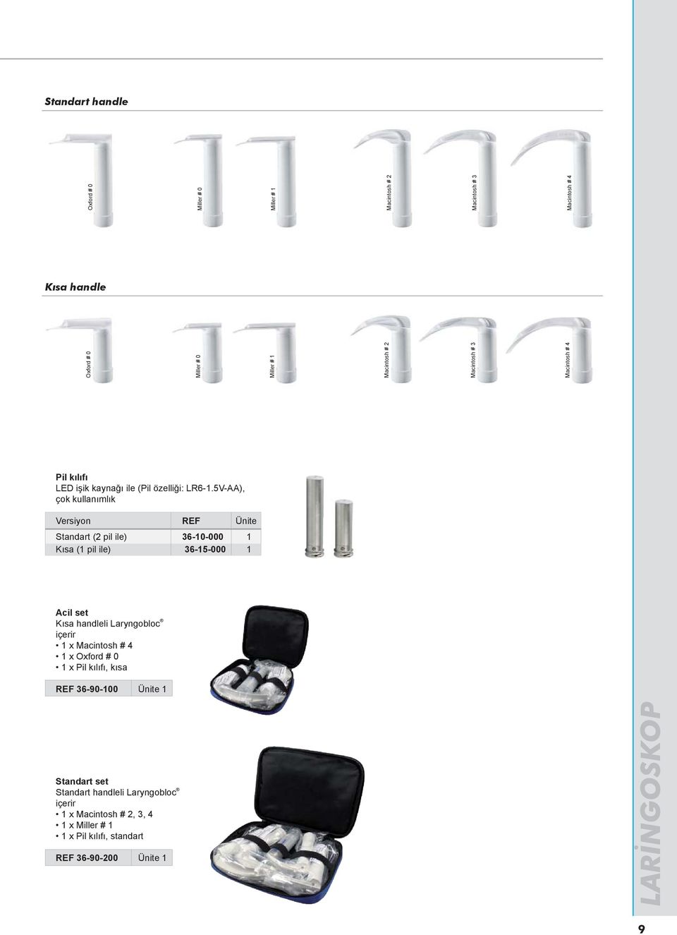 5V-AA), çok kullanımlık Versiyon REF Ünite Standart (2 pil ile) 36-10-000 1 Kısa (1 pil ile) 36-15-000 1 Acil set Kısa handleli Laryngobloc içerir 1 x