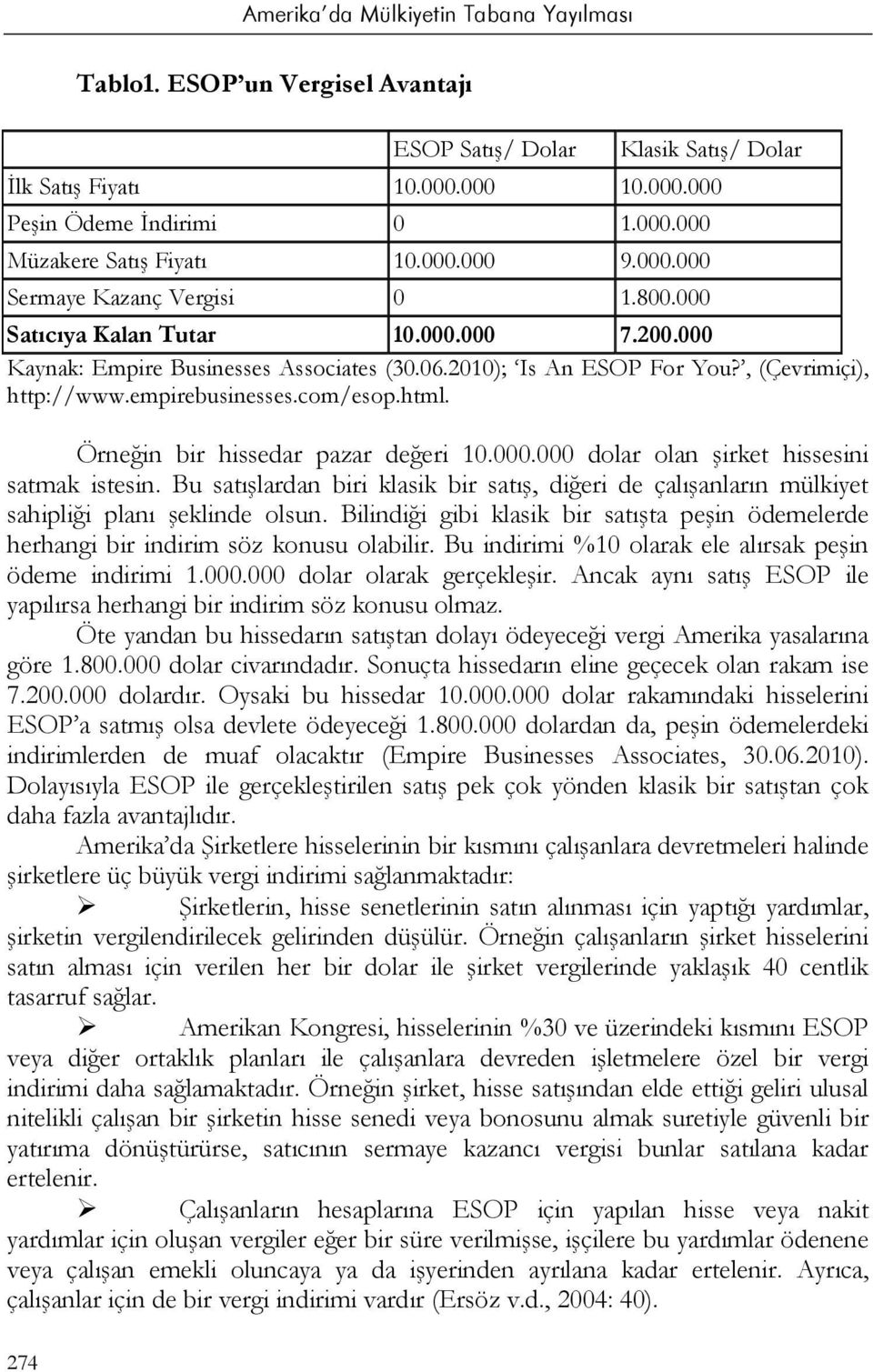 Örneğin bir hissedar pazar değeri 10.000.000 dolar olan şirket hissesini satmak istesin. Bu satışlardan biri klasik bir satış, diğeri de çalışanların mülkiyet sahipliği planı şeklinde olsun.