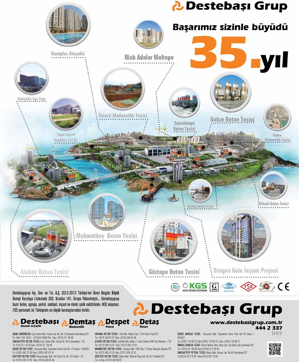 Yanyol Lale Sok. No: 4 Samandıra Sancaktepe/İST. Tel: 444 2 337 (DES) (0216)3119000 Pbx Faks: (0216) 311 59 48 SANCAKTEPE BETON TESİSİ: Eyüp Sultan Mah. Cemali Sk. No:4 Sancaktepe / İST.