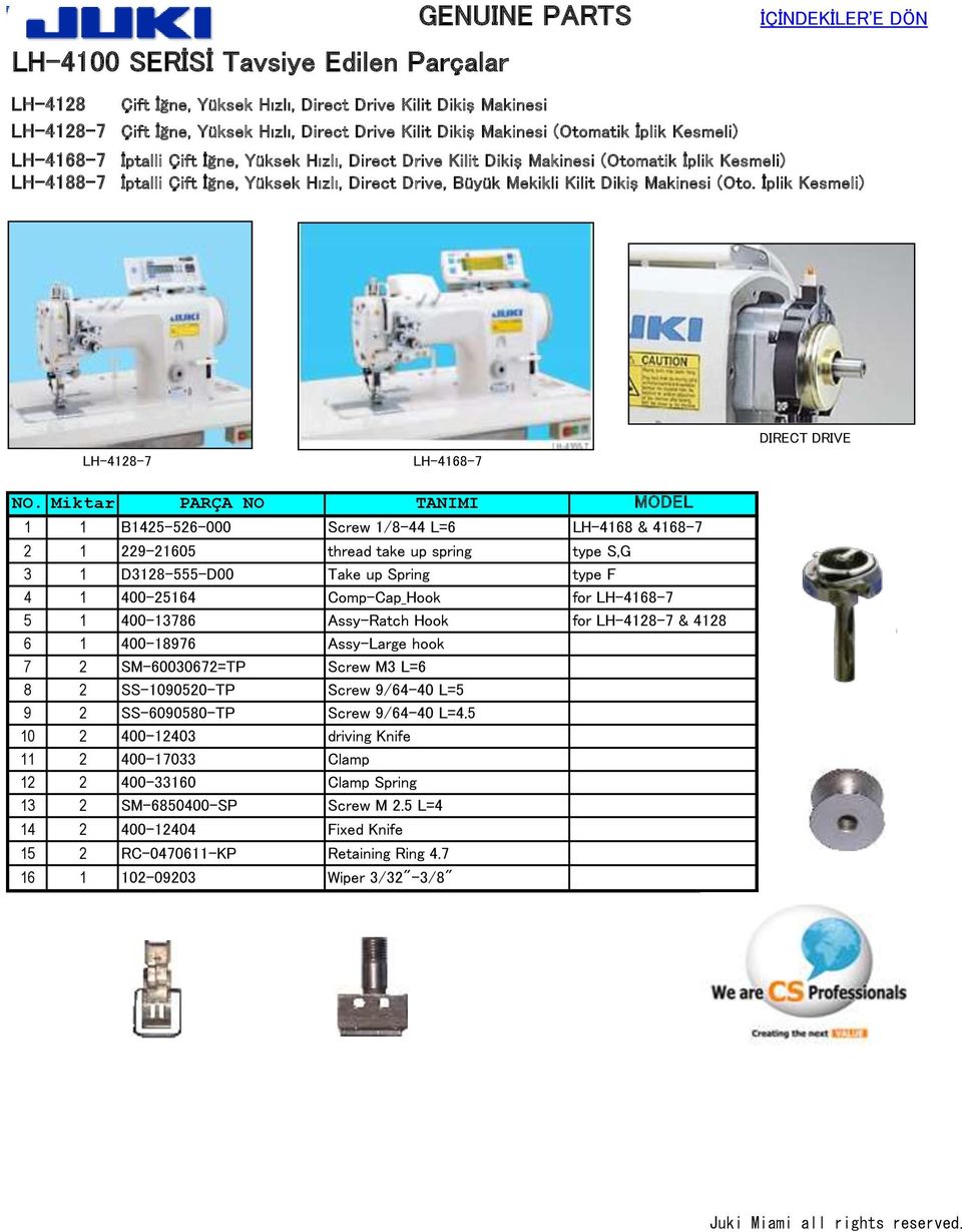 İplik Kesmeli) LH-4128-7 LH-4168-7 DIRECT DRIVE MODEL 1 1 B1425-526-000 Screw 1/8-44 L=6 LH-4168 & 4168-7 2 1 229-21605 thread take up spring type S,G 3 1 D3128-555-D00 Take up Spring type F 4 1