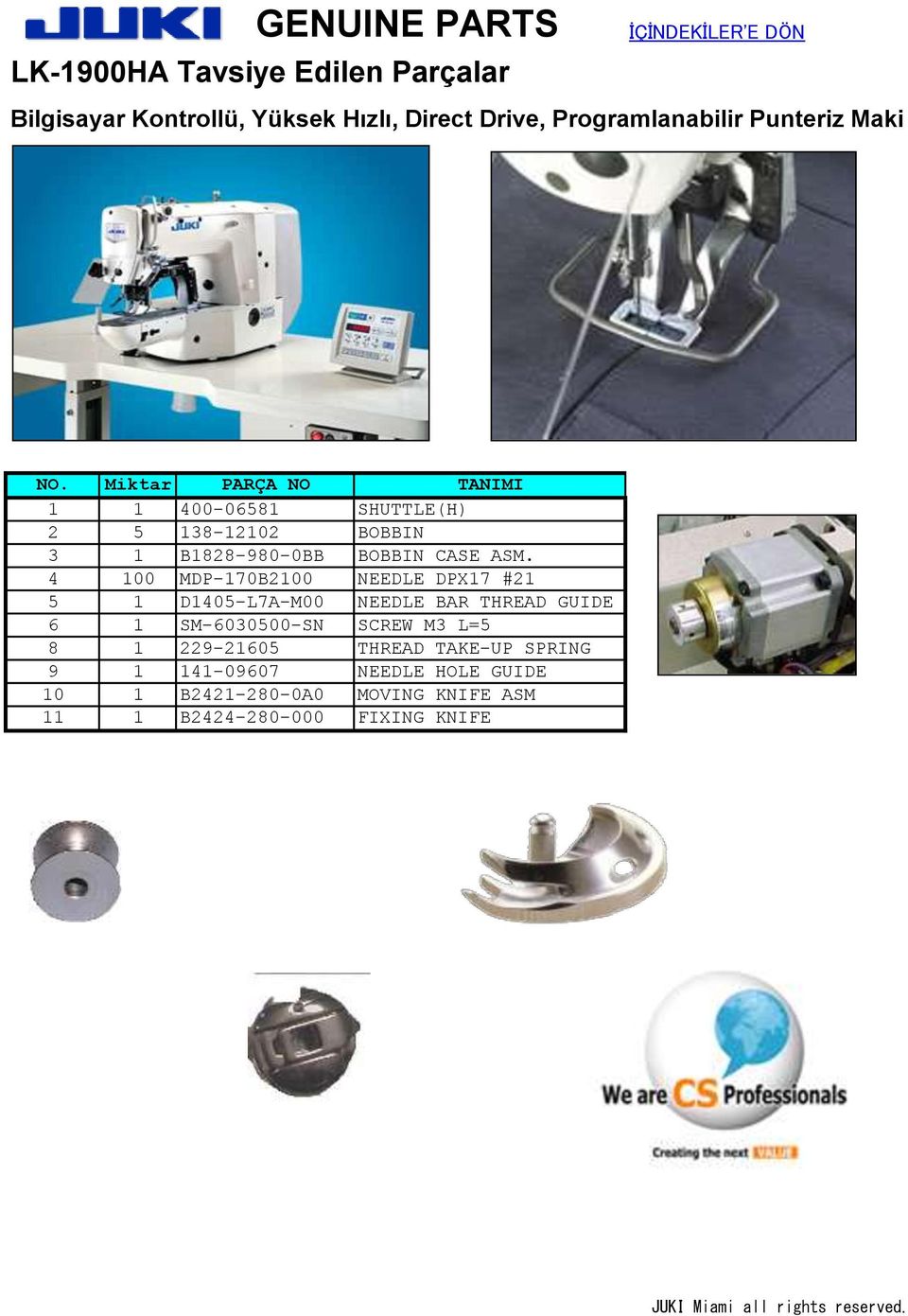 4 100 MDP-170B2100 NEEDLE DPX17 #21 5 1 D1405-L7A-M00 NEEDLE BAR THREAD GUIDE 6 1 SM-6030500-SN SCREW M3 L=5 8 1