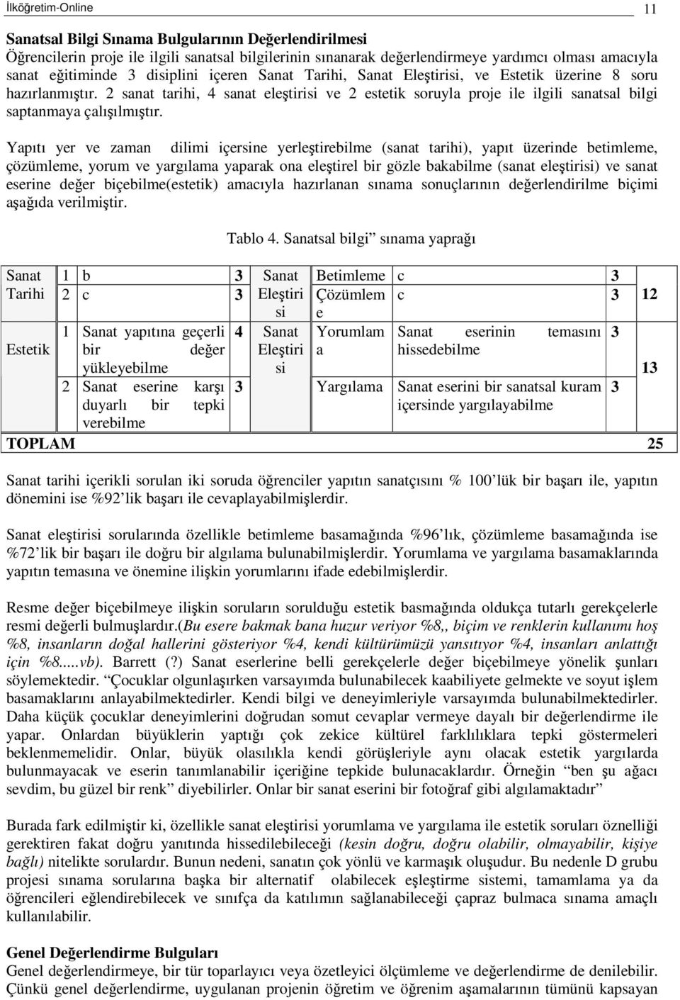 Yapıtı yer ve zaman dilimi içersine yerletirebilme (sanat tarihi), yapıt üzerinde betimleme, çözümleme, yorum ve yargılama yaparak ona eletirel bir gözle bakabilme (sanat eletirisi) ve sanat eserine