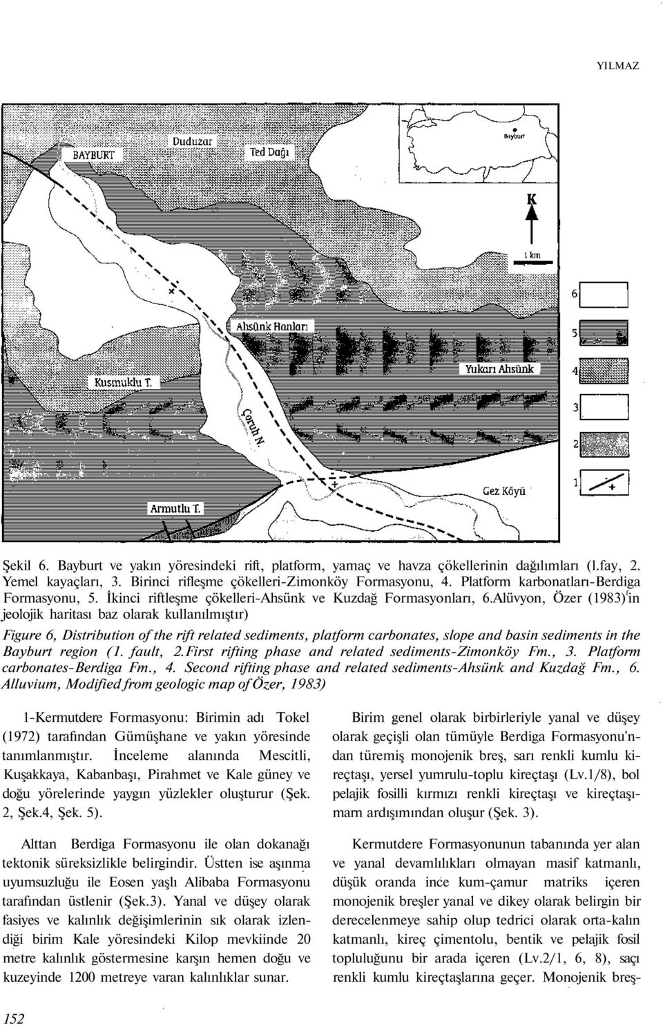 Alüvyon, Özer (1983) f in jeolojik haritası baz olarak kullanılmıştır) Figure 6, Distribution of the rift related sediments, platform carbonates, slope and basin sediments in the Bayburt region (1.