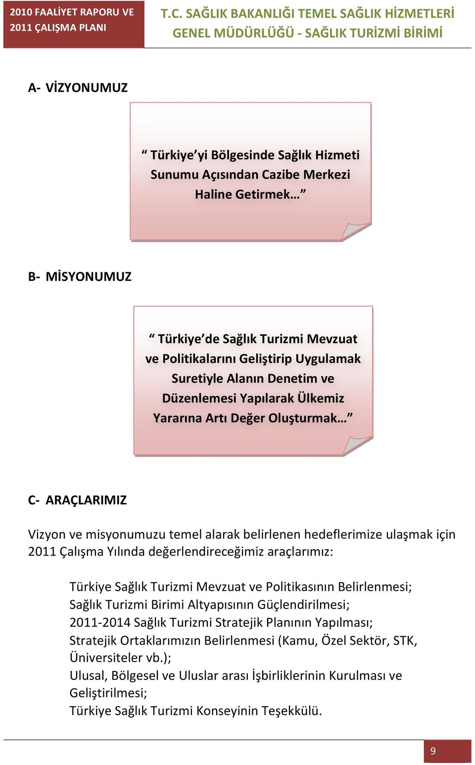 değerlendireceğimiz araçlarımız: Türkiye Sağlık Turizmi Mevzuat ve Politikasının Belirlenmesi; Sağlık Turizmi Birimi Altyapısının Güçlendirilmesi; 2011-2014 Sağlık Turizmi Stratejik Planının