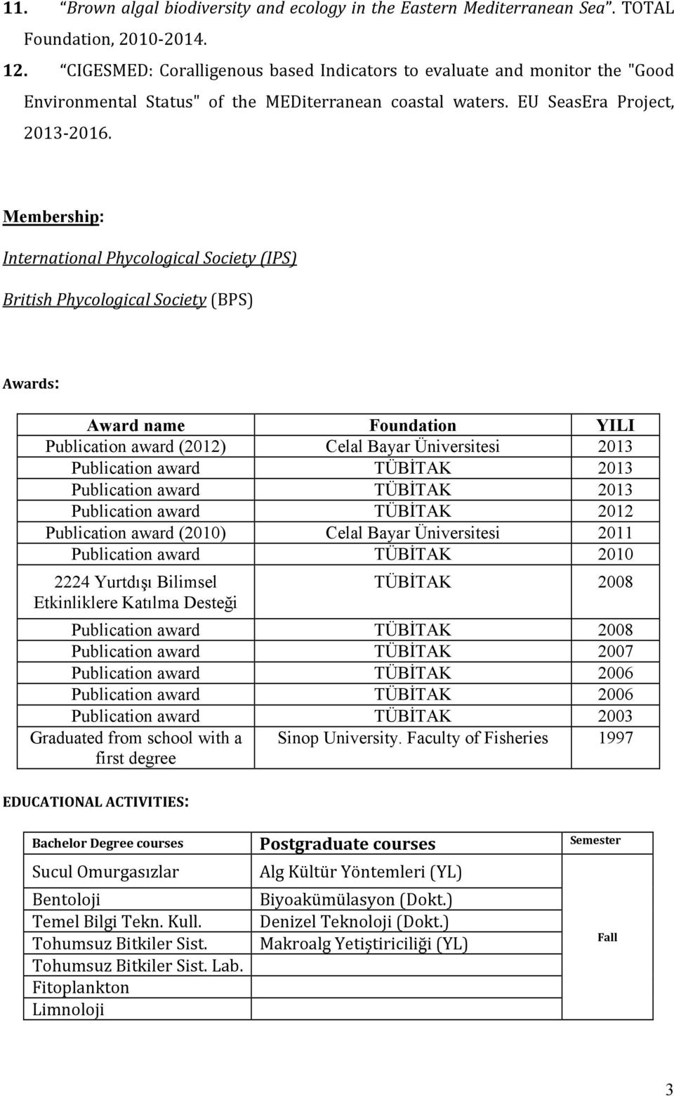 Membership: International Phycological Society (IPS) British Phycological Society (BPS) Awards: Award name Foundation YILI Publication award (2012) Celal Bayar Üniversitesi 2013 Publication award