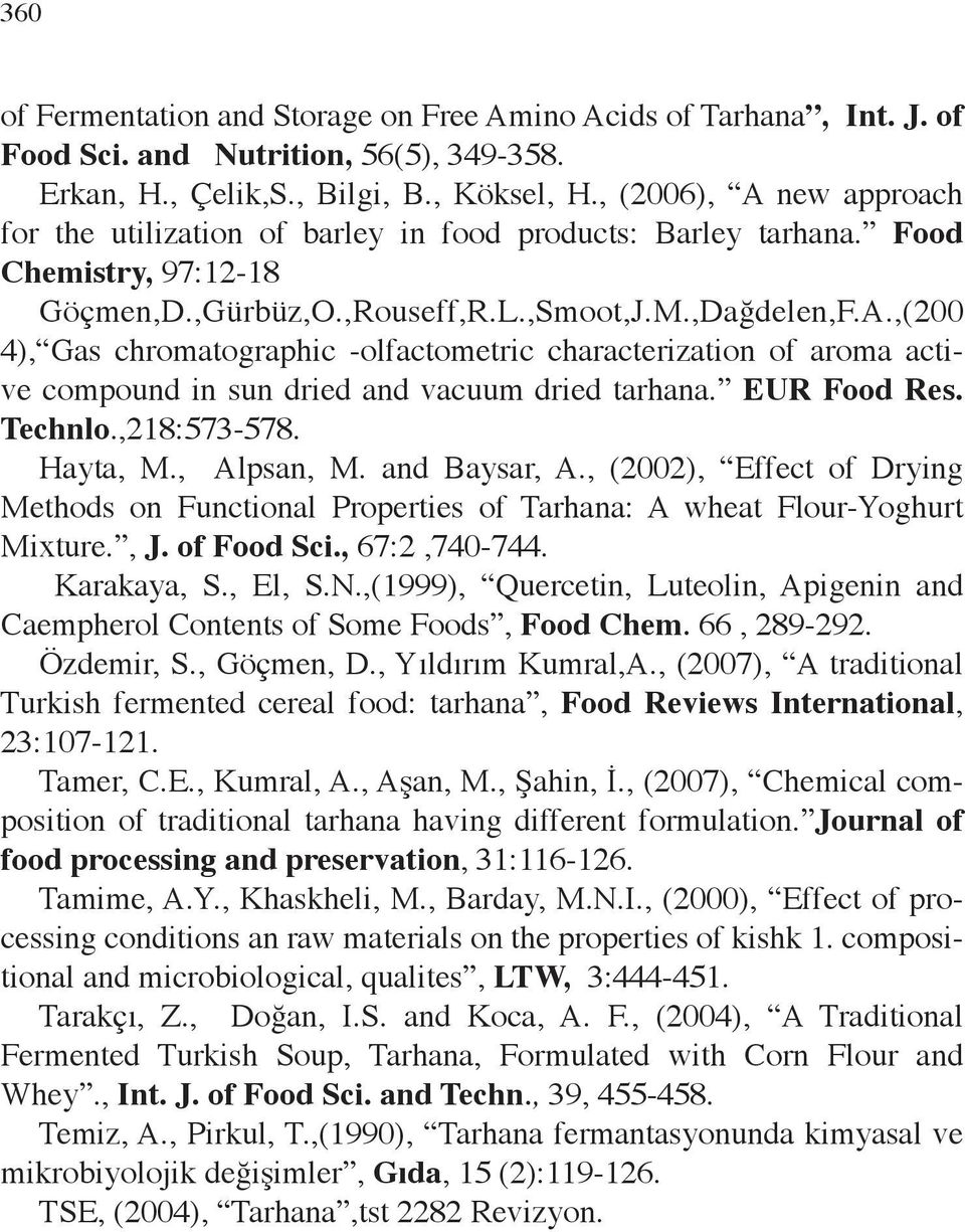 EUR Food Res. Technlo.,218:573-578. Hayta, M., Alpsan, M. and Baysar, A., (2002), Effect of Drying Methods on Functional Properties of Tarhana: A wheat Flour-Yoghurt Mixture., J. of Food Sci.