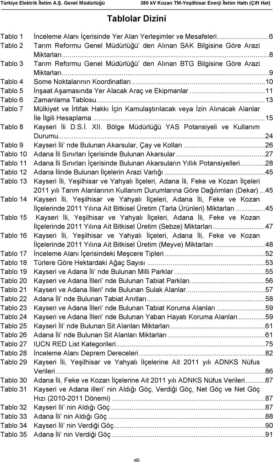 ..11 Tablo 6 Zamanlama Tablosu...13 Tablo 7 Mülkiyet ve İrtifak Hakkı İçin Kamulaştırılacak veya İzin Alınacak Alanlar İle İlgili Hesaplama...15 Tablo 8 Kayseri İli D.S.İ. XII.