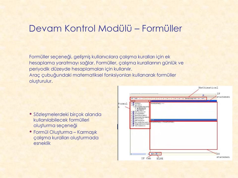 Araç çubuğundaki matematiksel fonksiyonları kullanarak formüller oluşturulur.