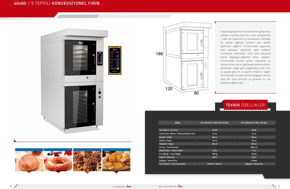Yakıt şekli opsiyonel olarak (doğalgaz-elektrikli) tercih edilebilir. Fırınımızdaki kontrol paneli sayesinde ısı, zaman, buhar, fan vs.