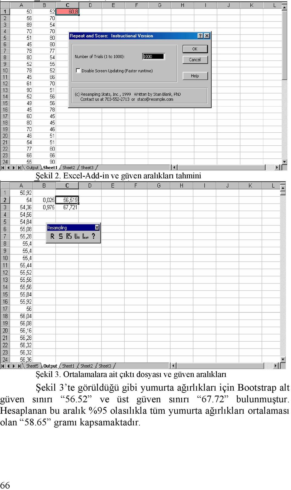 ağırlıkları için Bootstrap alt güven sınırı 56.52 ve üst güven sınırı 67.