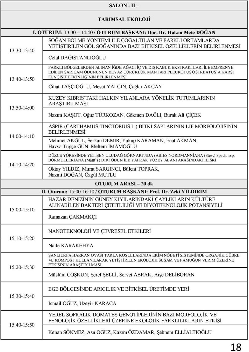 14:10-14:20 15:00-15:10 15:10-15:20 15:20-15:30 15:30-15:40 FARKLI BÖLGELERDEN ALINAN İĞDE AĞACI İÇ VE DIŞ KABUK EKSTRAKTLARI İLE EMPRENYE EDİLEN SARIÇAM ODUNUNUN BEYAZ ÇÜRÜKLÜK MANTARI PLEUROTUS