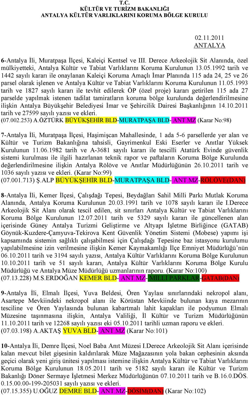 1992 tarih ve 1442 sayılı kararı ile onaylanan Kaleiçi Koruma Amaçlı İmar Planında 115 ada 24, 25 ve 26 parsel olarak işlenen ve Antalya Kültür ve Tabiat Varlıklarını Koruma Kurulunun 11.05.