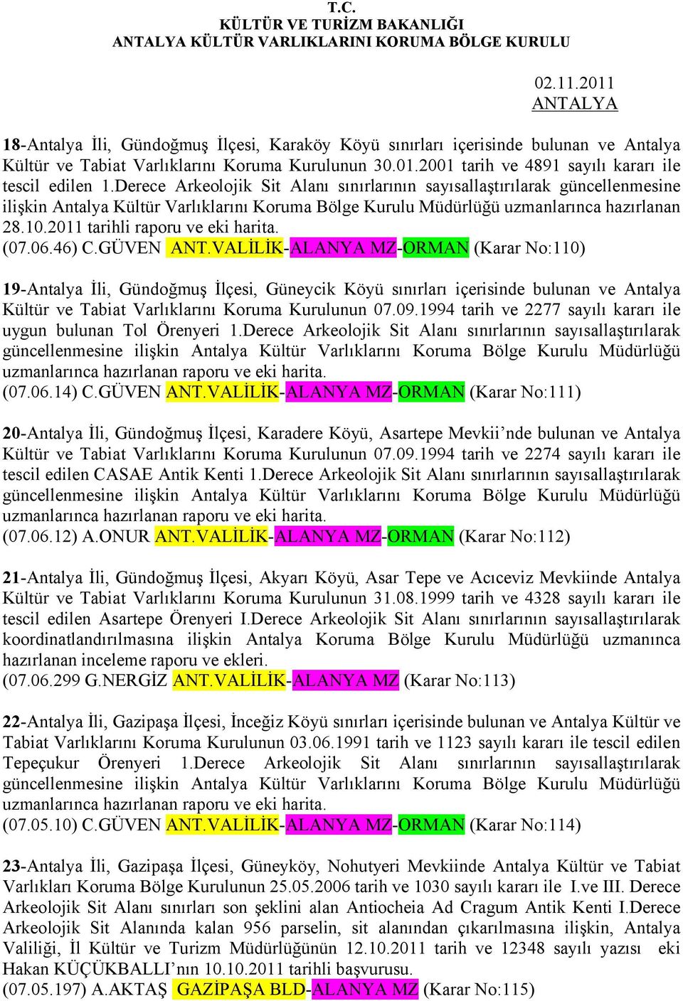 Derece Arkeolojik Sit Alanı sınırlarının sayısallaştırılarak güncellenmesine ilişkin Antalya Kültür Varlıklarını Koruma Bölge Kurulu Müdürlüğü uzmanlarınca hazırlanan 28.10.