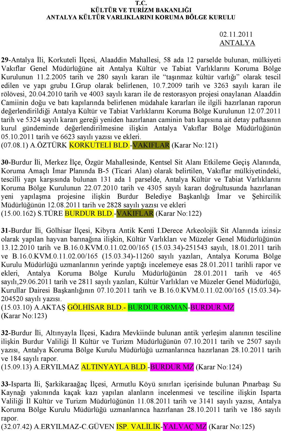 2009 tarih ve 3263 sayılı kararı ile rölövesi, 20.04.