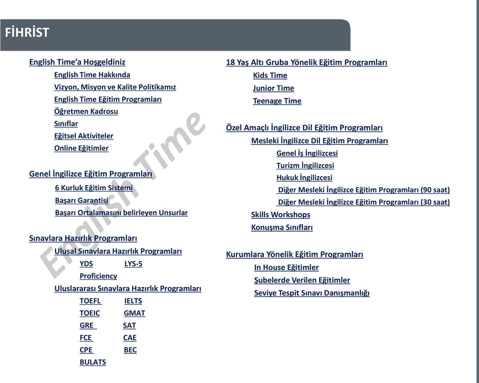 Programları TOEFL IELTS TOEIC GMAT GRE SAT FCE CAE CPE BEC BULATS 18 Yaş Altı Gruba Yönelik Eğitim Programları Kids Time Junior Time Teenage Time Özel Amaçlı İngilizce Dil Eğitim Programları Mesleki