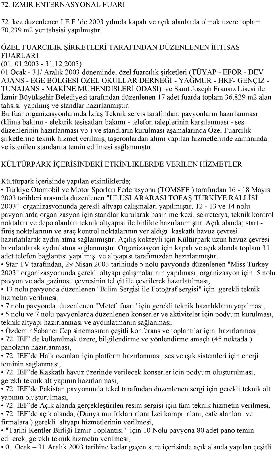 2003) 01 Ocak - 31/ Aralık 2003 döneminde, özel fuarcılık şirketleri (TÜYAP - EFOR - DEV AJANS - EGE BÖLGESİ ÖZEL OKULLAR DERNEĞİ - YAĞMUR - HKF- GENÇİZ - TUNAJANS - MAKİNE MÜHENDİSLERİ ODASI) ve