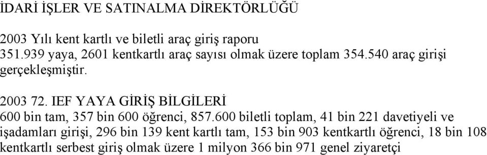 IEF YAYA GİRİŞ BİLGİLERİ 600 bin tam, 357 bin 600 öğrenci, 857.