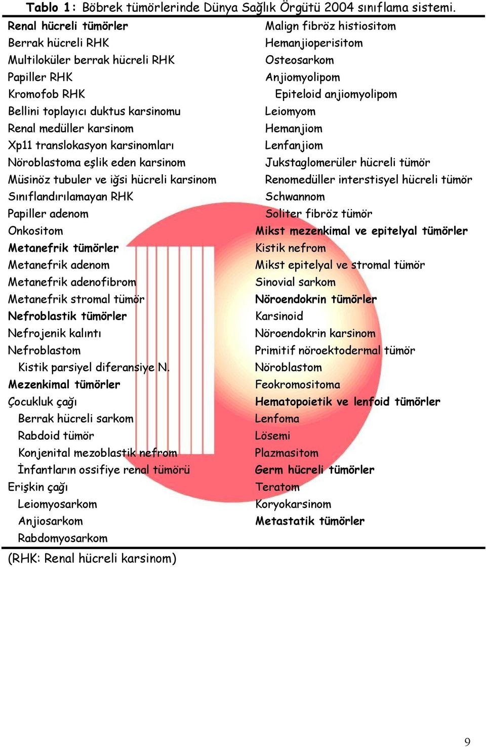 Bellini toplayıcı duktus karsinomu Leiomyom Renal medüller karsinom Hemanjiom Xp11 translokasyon karsinomları Lenfanjiom Nöroblastoma eşlik eden karsinom Jukstaglomerüler hücreli tümör Müsinöz