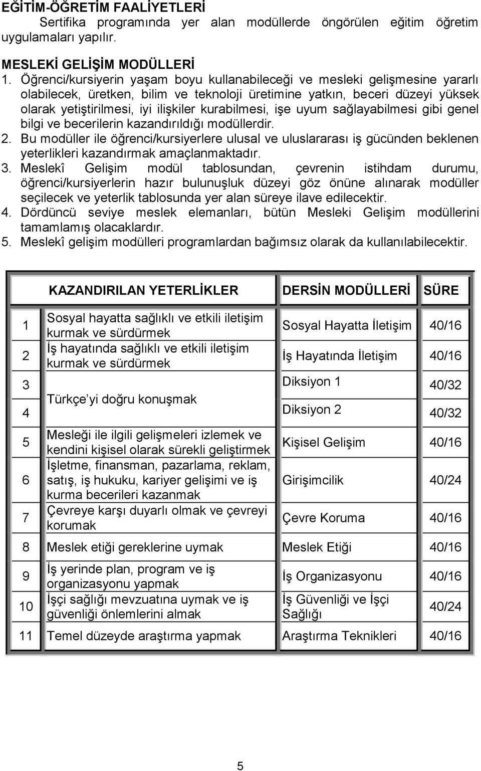 kurabilmesi, işe uyum sağlayabilmesi gibi genel bilgi ve becerilerin kazandırıldığı modüllerdir. 2.