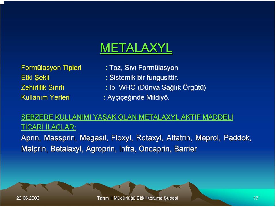 SEBZEDE KULLANIMI YASAK OLAN METALAXYL AKTİF F MADDELİ TİCARİ İLAÇLAR: LAR: Aprin, Massprin,