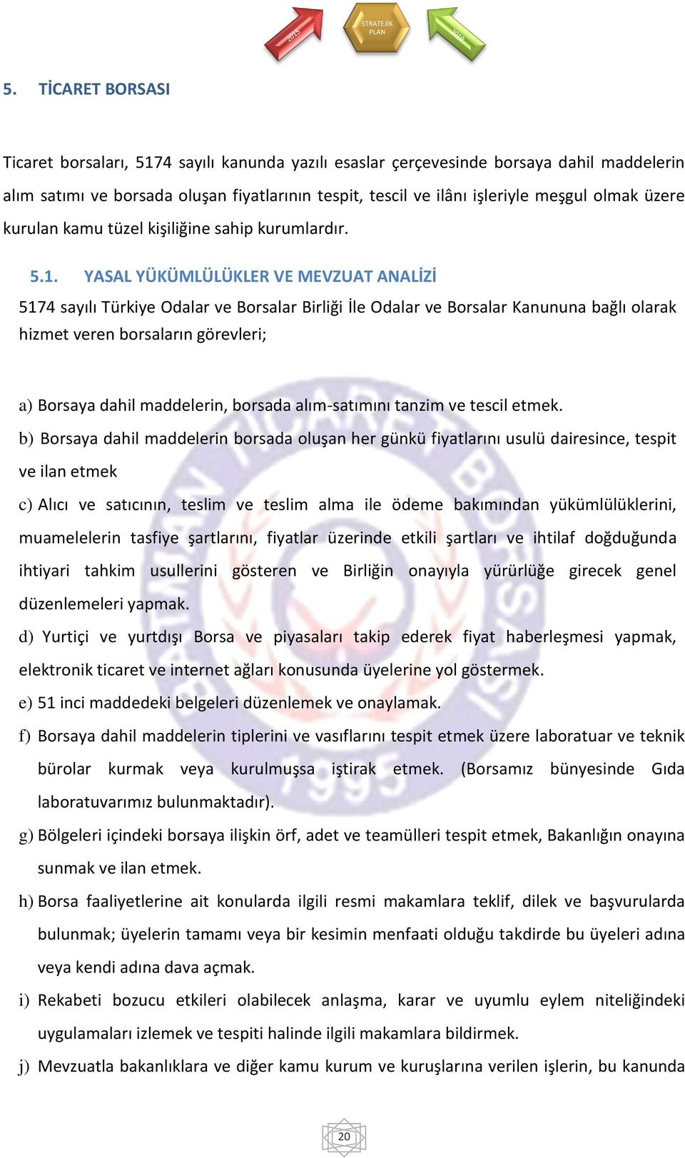 YASAL YÜKÜMLÜLÜKLER VE MEVZUAT ANALİZİ 5174 sayılı Türkiye Odalar ve Borsalar Birliği İle Odalar ve Borsalar Kanununa bağlı olarak hizmet veren borsaların görevleri; a) Borsaya dahil maddelerin,